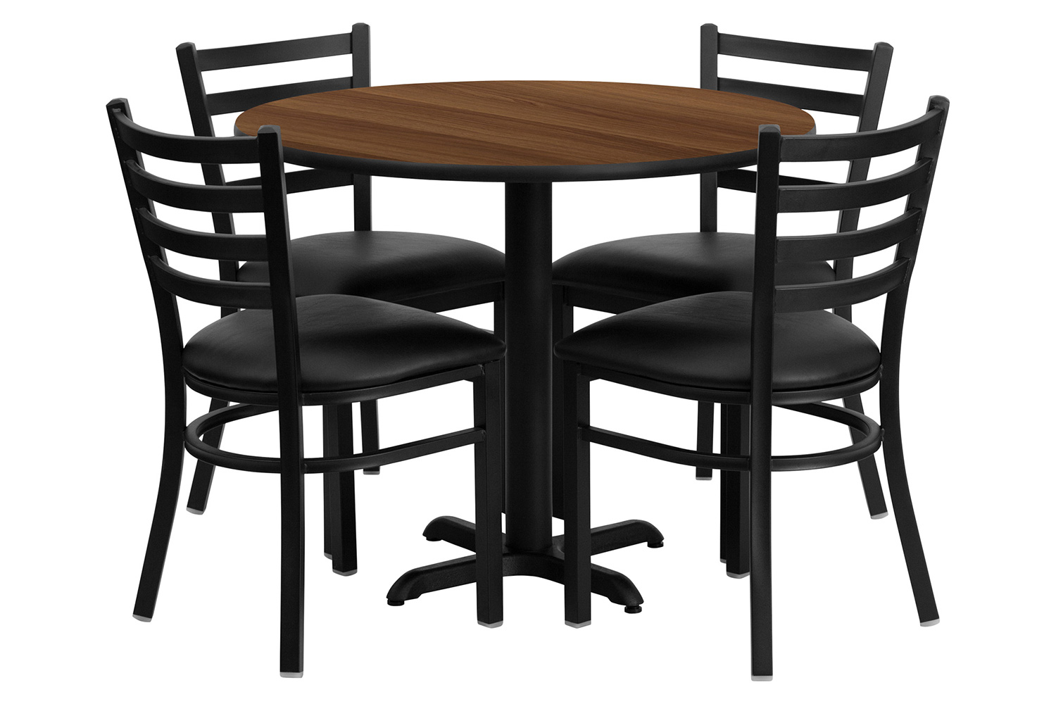 BLNK Carlton Round Walnut Laminate Table Set with X-Base and 4 Ladder Back Metal Chairs with Vinyl Seat