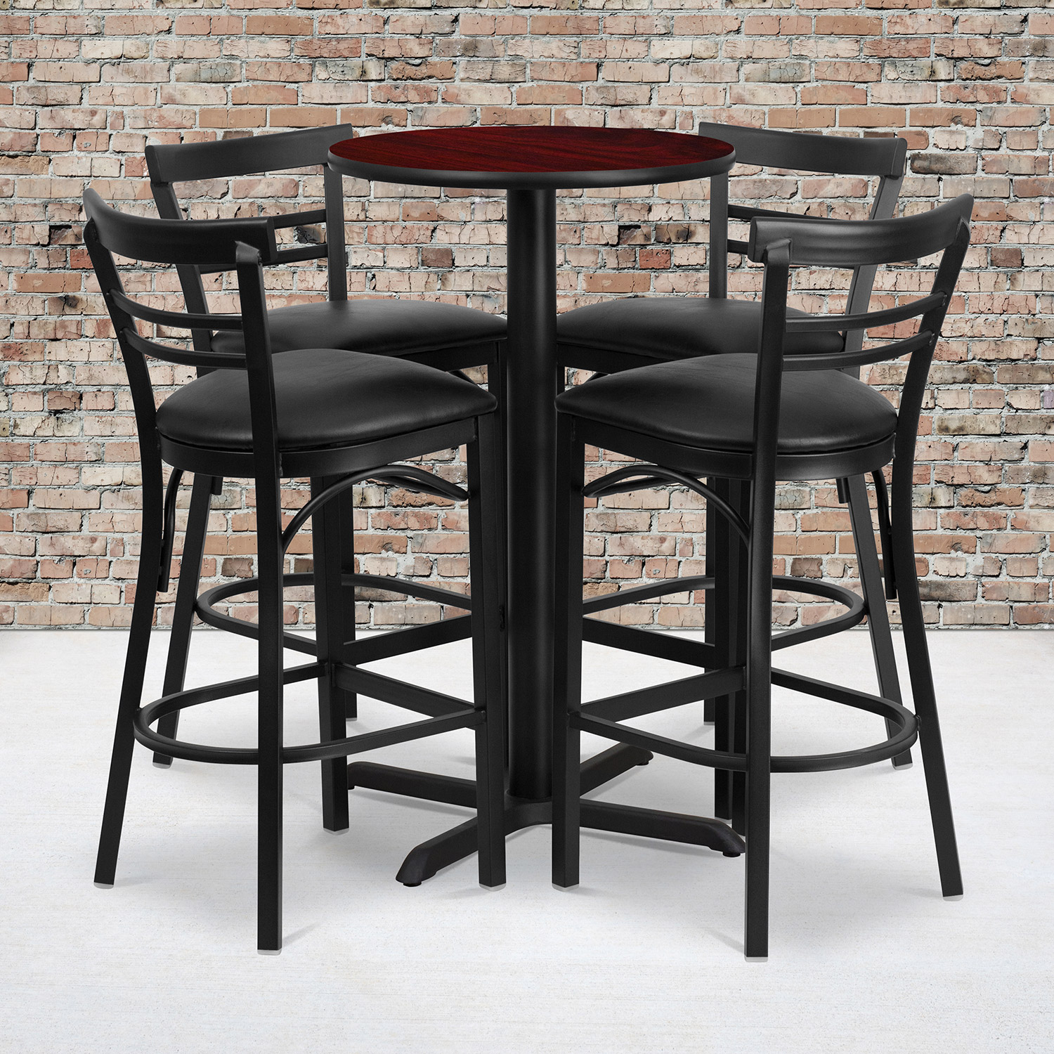 BLNK Carlton Round Laminate Table Set with X-Base and 4 Two-Slat Ladder Back Metal Bar Stools with Black Vinyl Seat