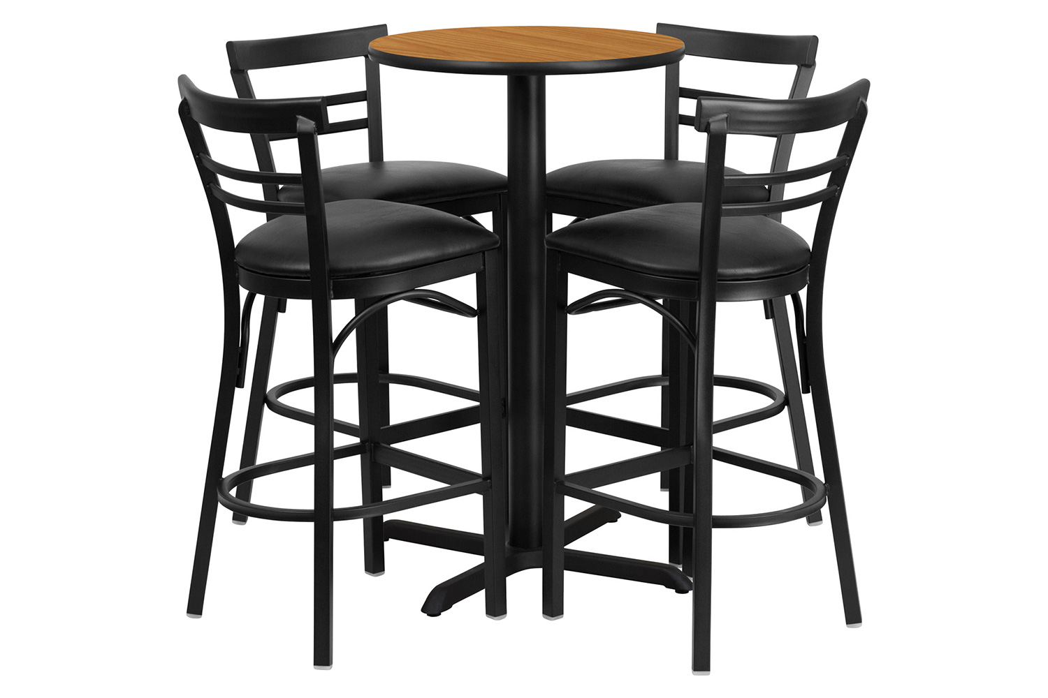 BLNK Carlton Round Laminate Table Set with X-Base and 4 Two-Slat Ladder Back Metal Bar Stools with Black Vinyl Seat