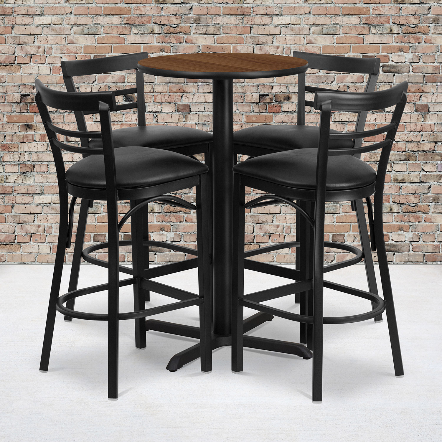 BLNK Carlton Round Laminate Table Set with X-Base and 4 Two-Slat Ladder Back Metal Bar Stools with Black Vinyl Seat