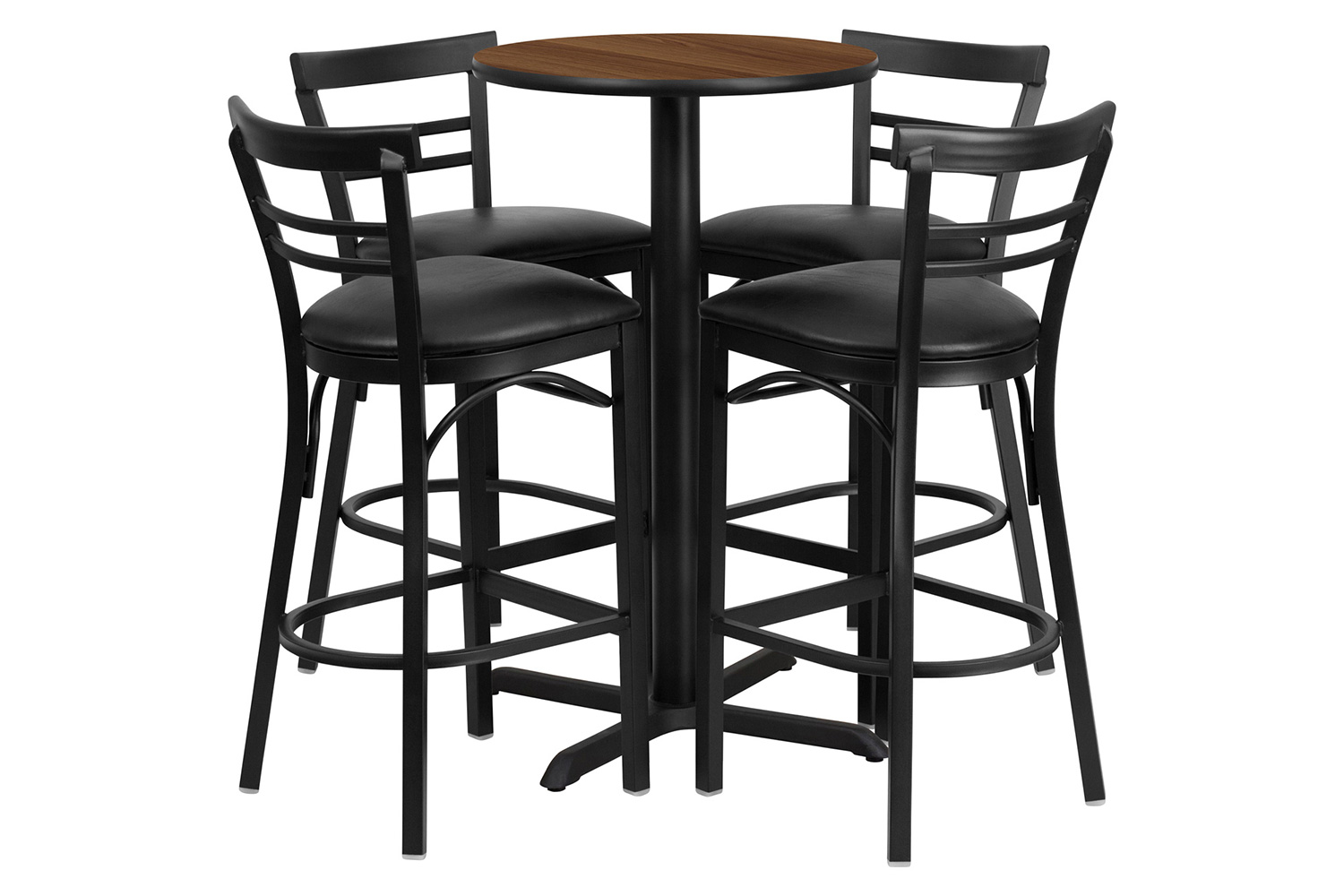 BLNK Carlton Round Laminate Table Set with X-Base and 4 Two-Slat Ladder Back Metal Bar Stools with Black Vinyl Seat - Walnut