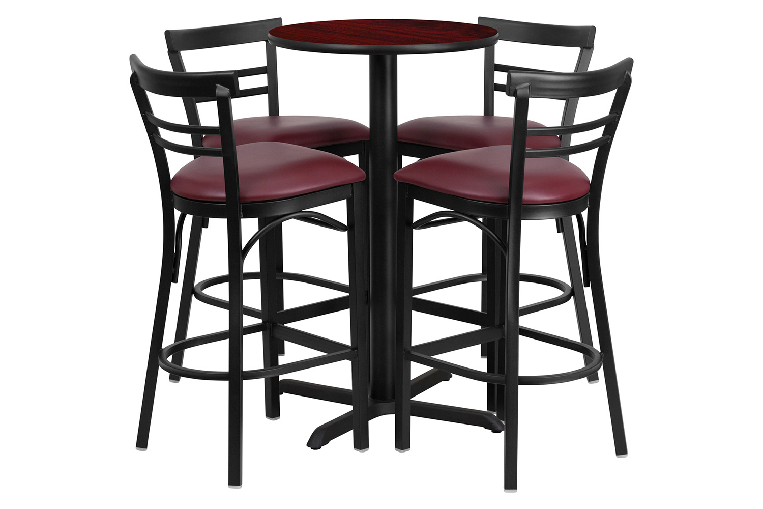 BLNK Carlton Round Laminate Table Set with X-Base and 4 Two-Slat Ladder Back Metal Bar Stools with Burgundy Vinyl Seat - Mahogany