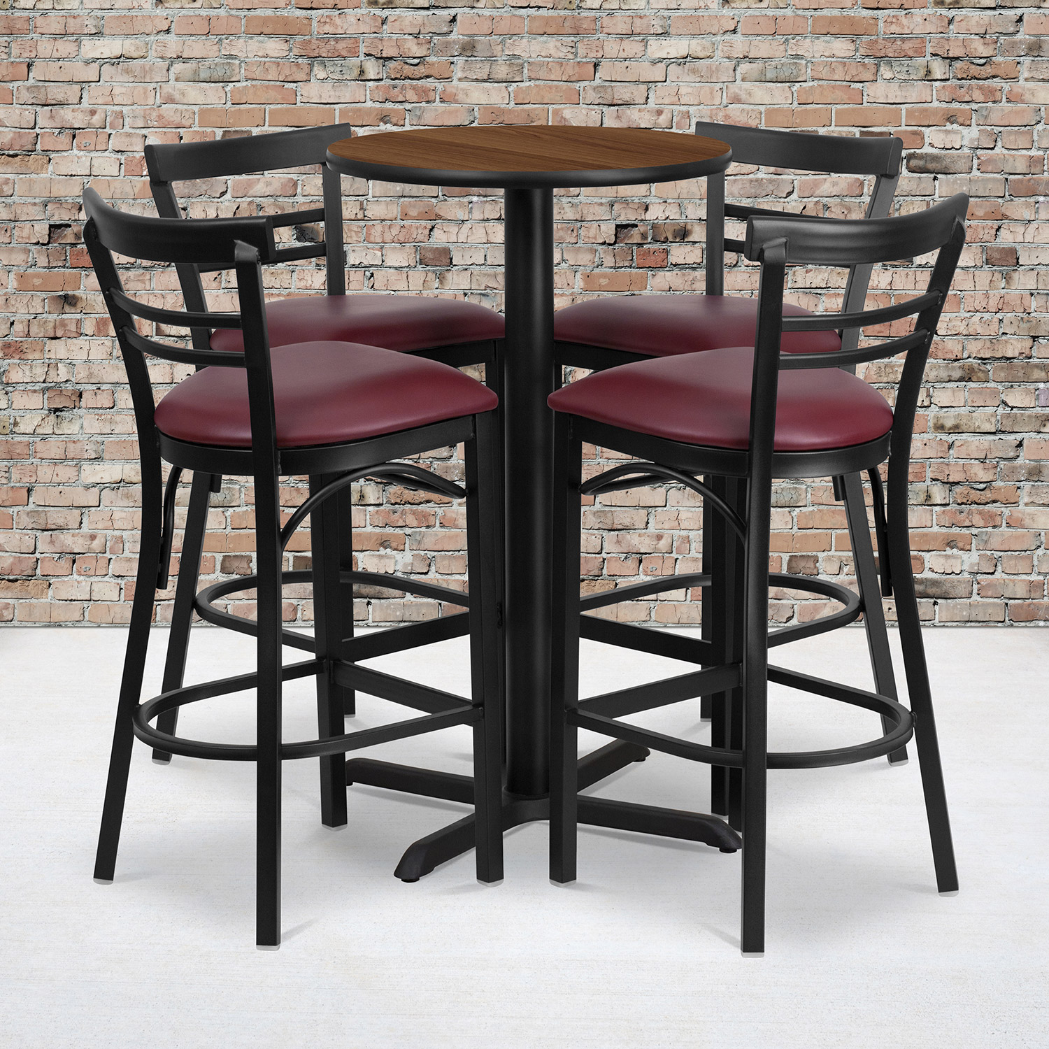 BLNK Carlton Round Laminate Table Set with X-Base and 4 Two-Slat Ladder Back Metal Bar Stools with Burgundy Vinyl Seat