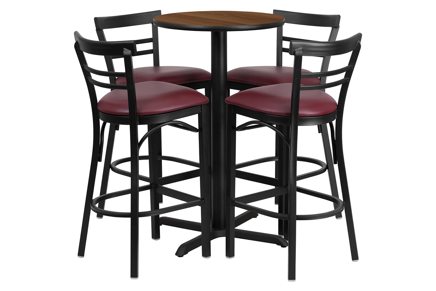 BLNK Carlton Round Laminate Table Set with X-Base and 4 Two-Slat Ladder Back Metal Bar Stools with Burgundy Vinyl Seat - Walnut