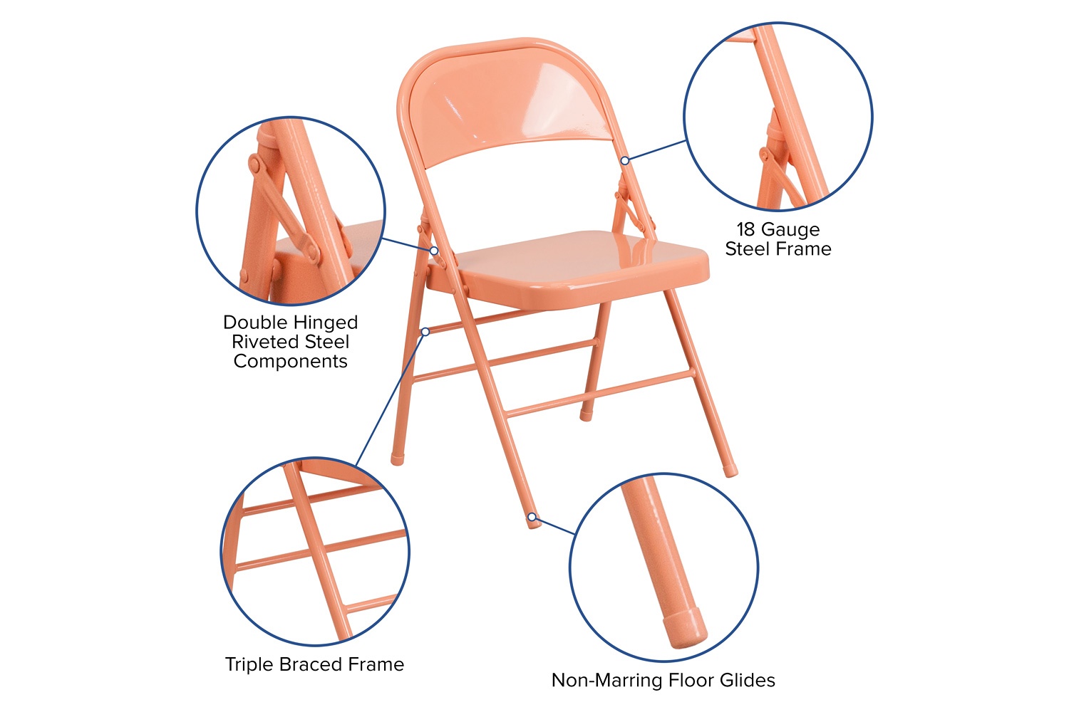 BLNK™ HERCULES COLORBURST Series Metal Triple Braced and Double Hinged Folding Chair - Sedona Coral