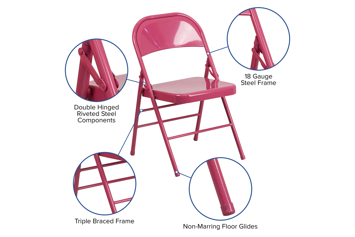 BLNK HERCULES COLORBURST Series Metal Triple Braced and Double Hinged Folding Chair - Shockingly Fuchsia