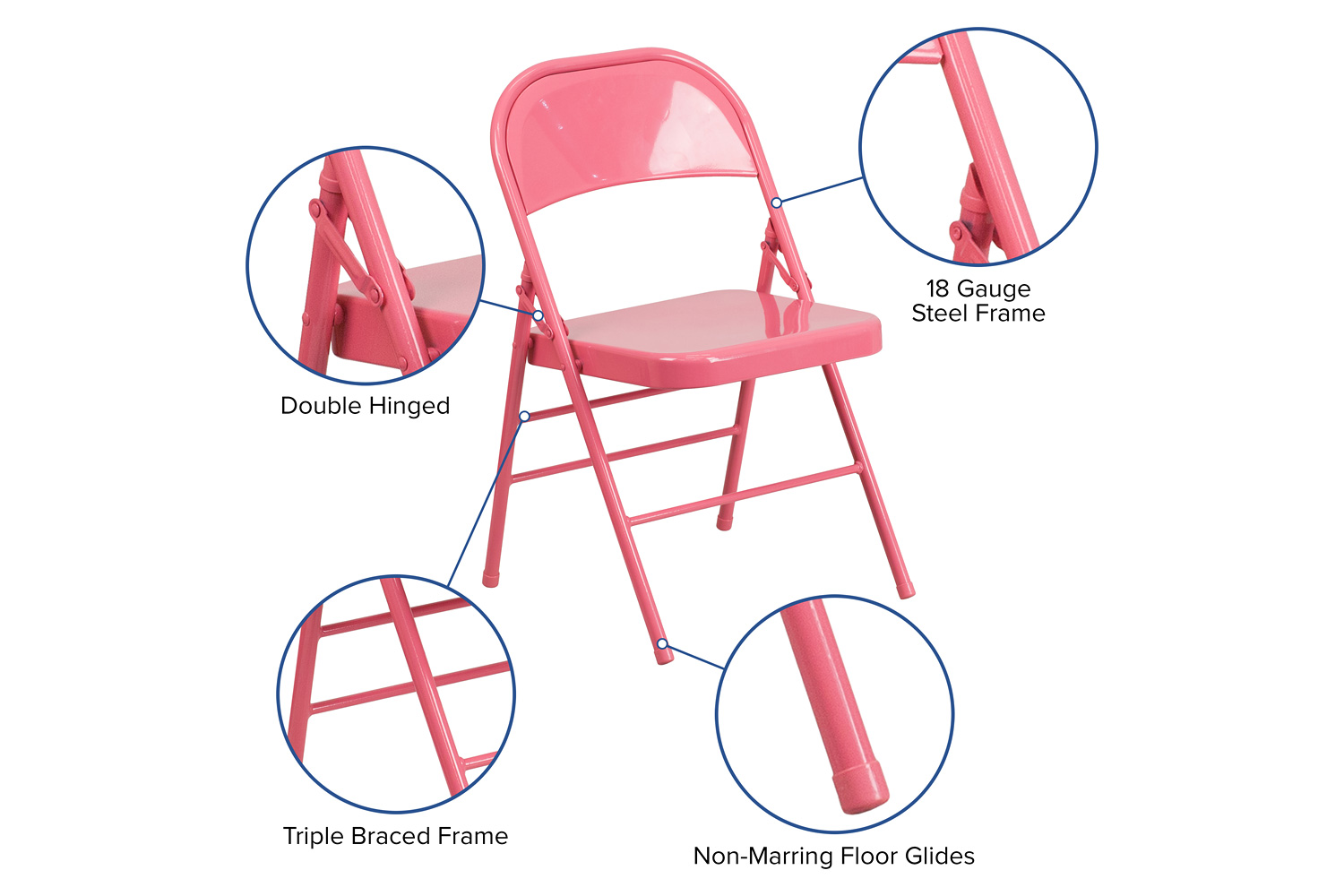 BLNK HERCULES COLORBURST Series Metal Triple Braced and Double Hinged Folding Chair - Bubblegum Pink