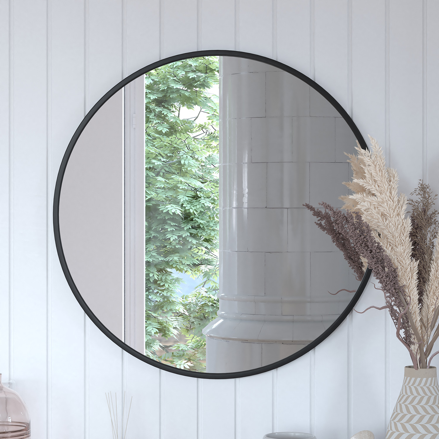 BLNK Julianne Style 2 Round Metal Framed Wall Mirror - Black, 30"D