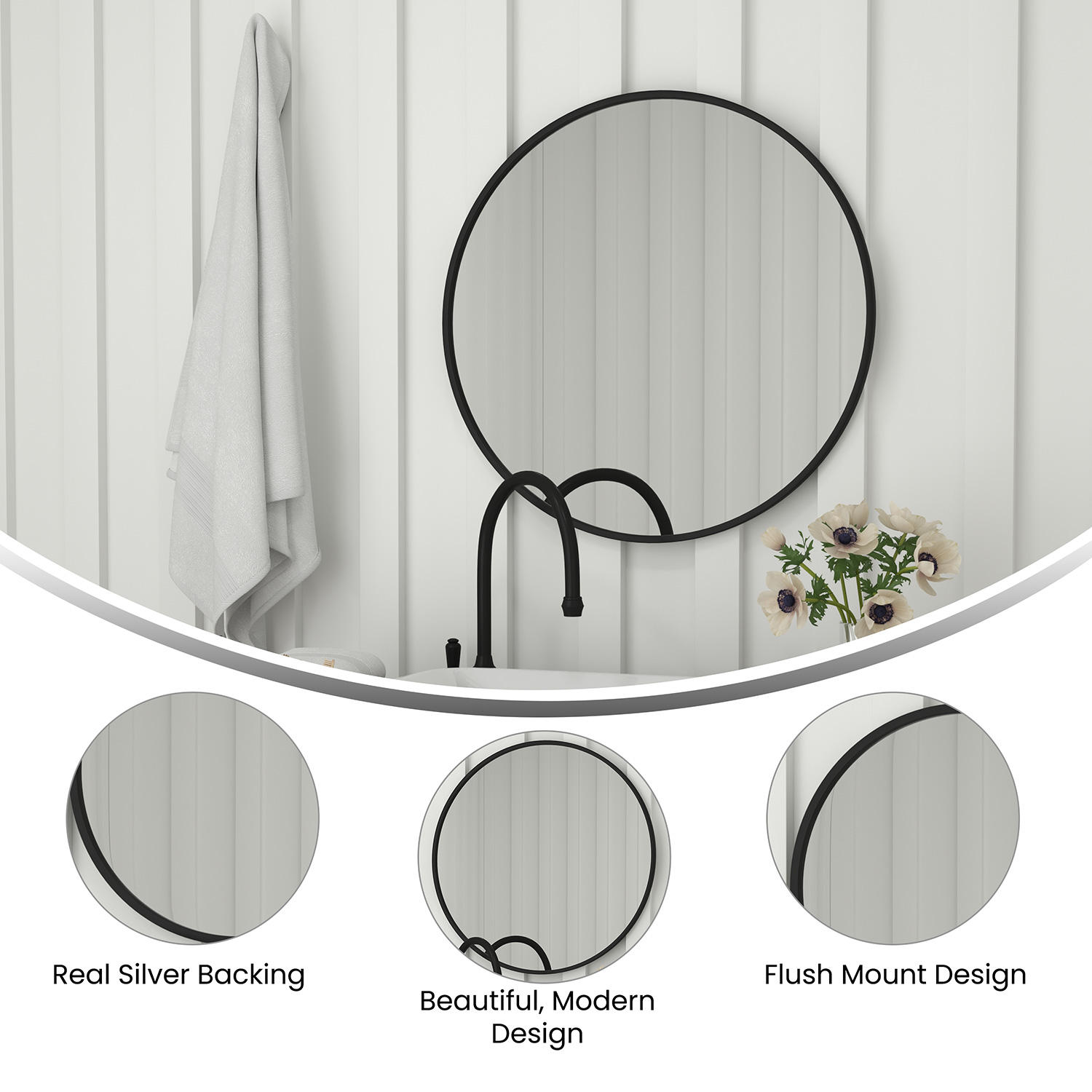 BLNK Julianne Style 2 Round Metal Framed Wall Mirror - Black, 30"D