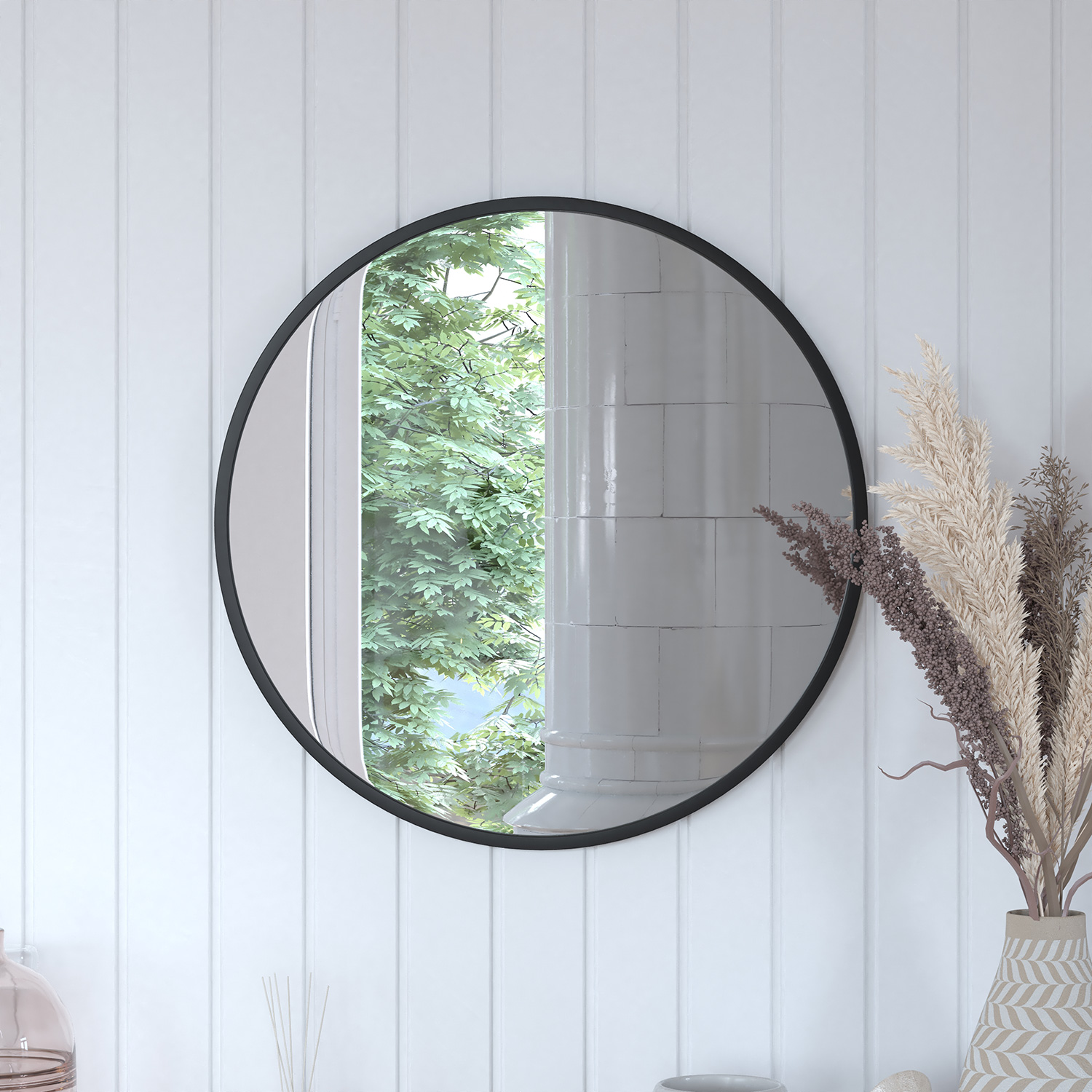 BLNK Julianne Style 2 Round Metal Framed Wall Mirror - Black, 24"D