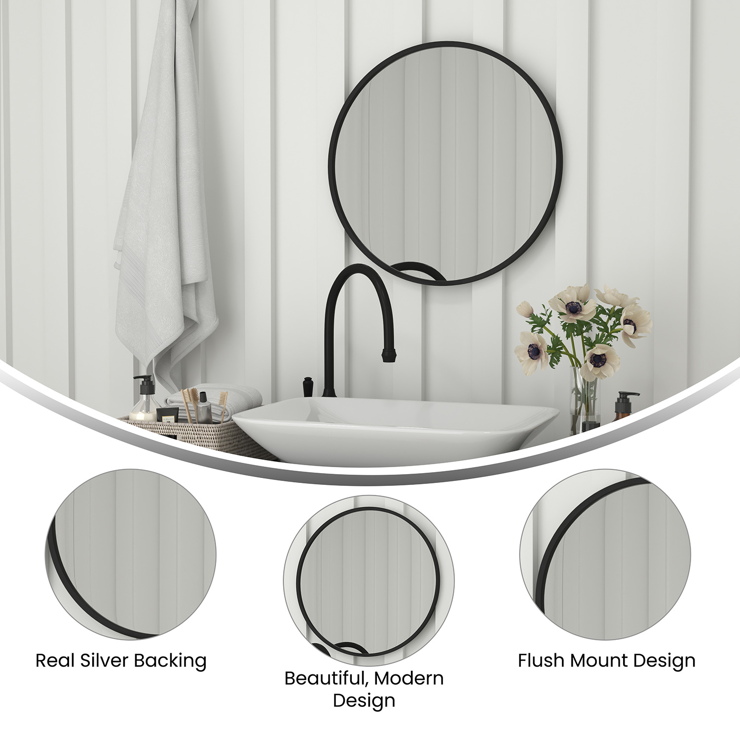 BLNK Julianne Style 2 Round Metal Framed Wall Mirror - Black, 24"D