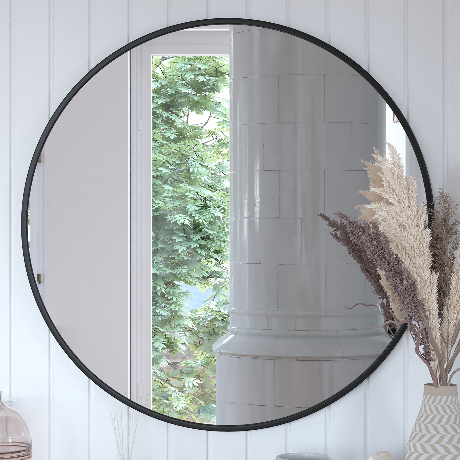 BLNK Julianne Style 2 Round Metal Framed Wall Mirror - Black, 36"D