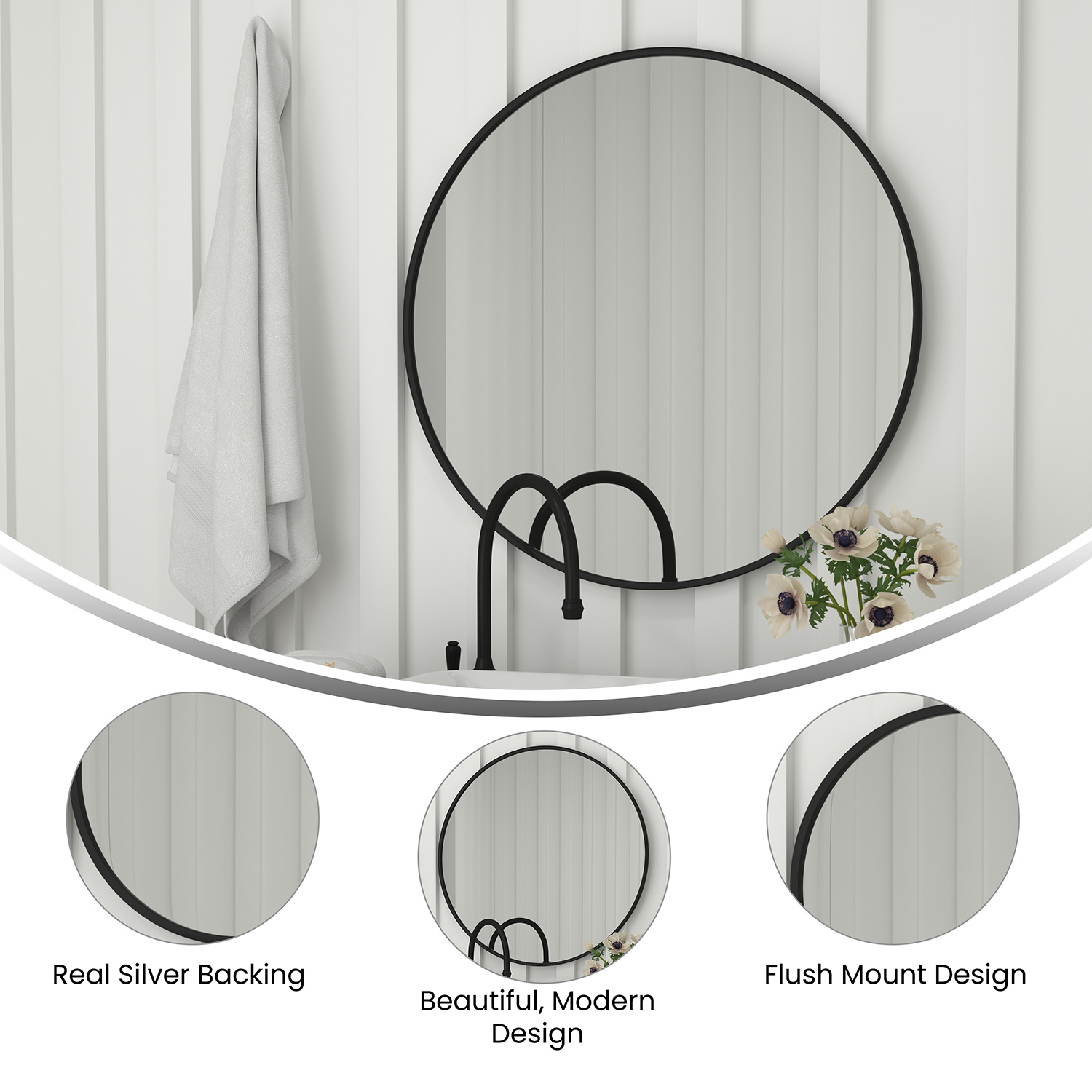 BLNK Julianne Style 2 Round Metal Framed Wall Mirror - Black, 36"D