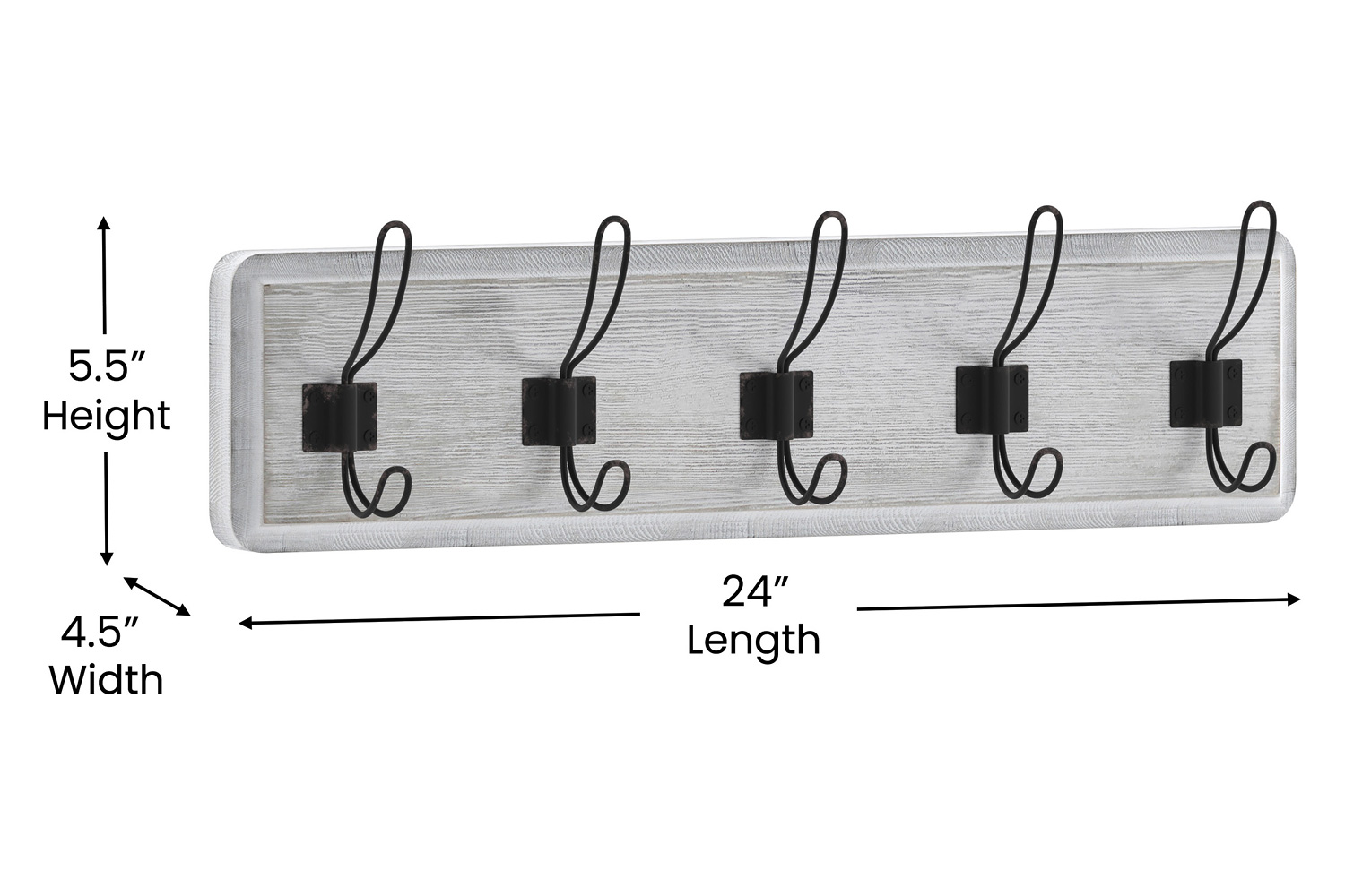 BLNK™ Daly Wall Mounted Solid Pine Wood Storage Rack with 5 Hooks - Whitewashed