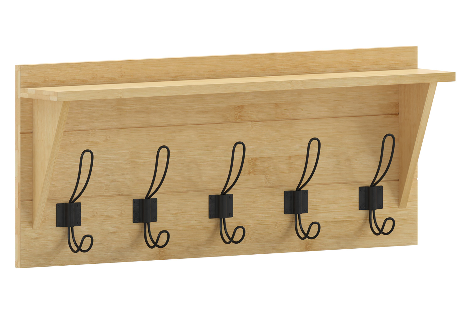 BLNK Daly Wall Mounted Solid Pine Wood Storage Rack with Upper Shelf and 5 Hooks - Bamboo