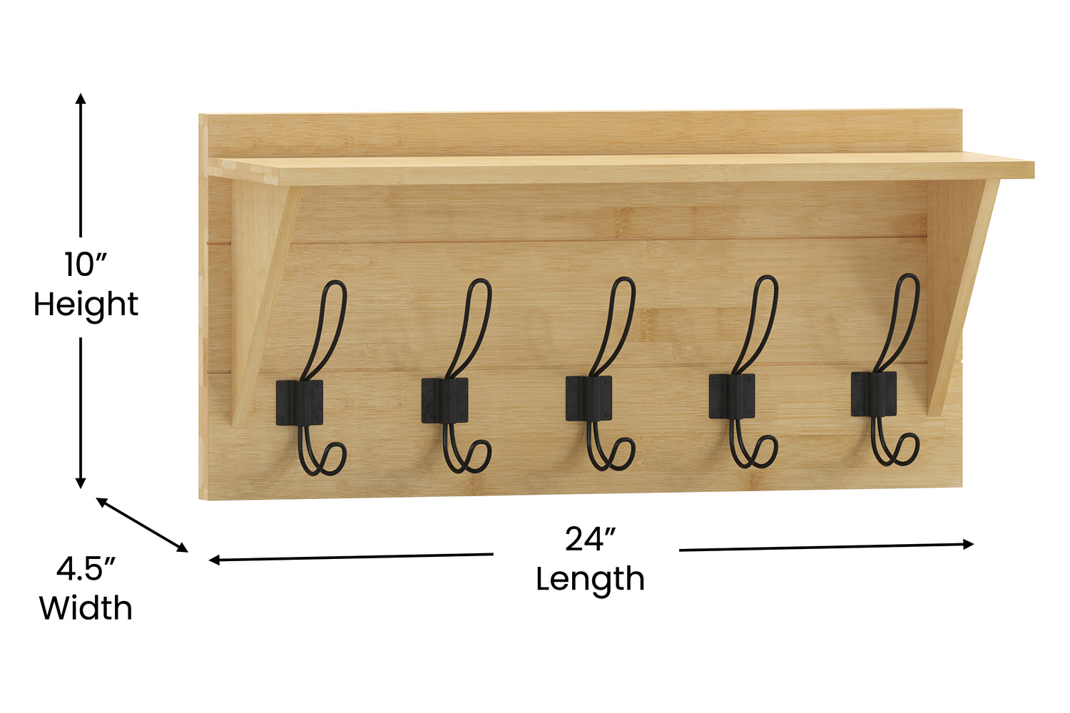 BLNK Daly Wall Mounted Solid Pine Wood Storage Rack with Upper Shelf and 5 Hooks - Bamboo