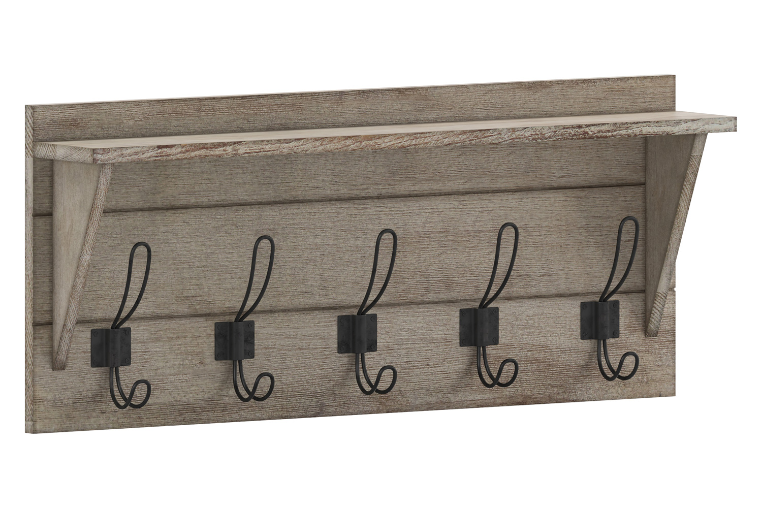 BLNK Daly Wall Mounted Solid Pine Wood Storage Rack with Upper Shelf and 5 Hooks - Weathered