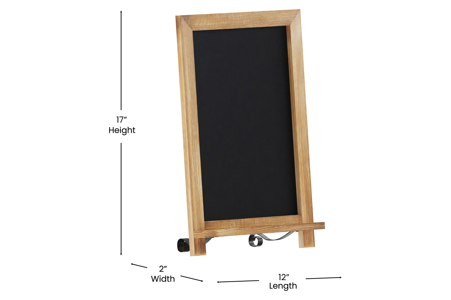 BLNK Canterbury Torched Wood Tabletop Magnetic Chalkboard Sign with Metal Scrolled Legs - 12"W x 17"H