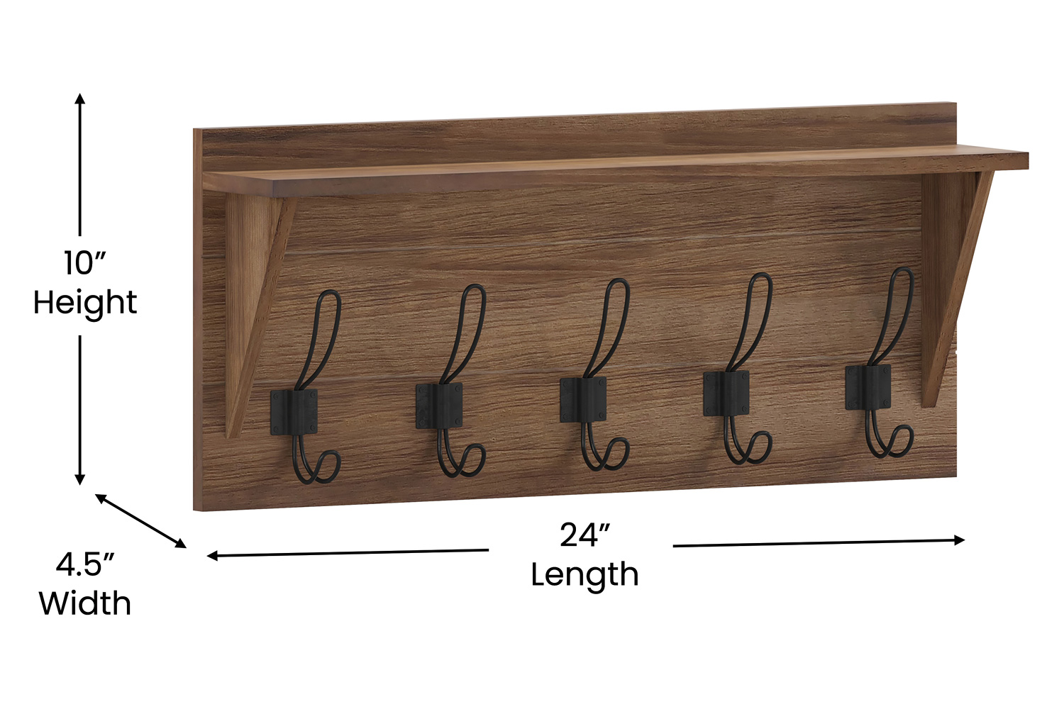 BLNK™ Daly Wall Mounted Solid Pine Wood Storage Rack with Upper Shelf and 5 Hooks - Rustic Brown