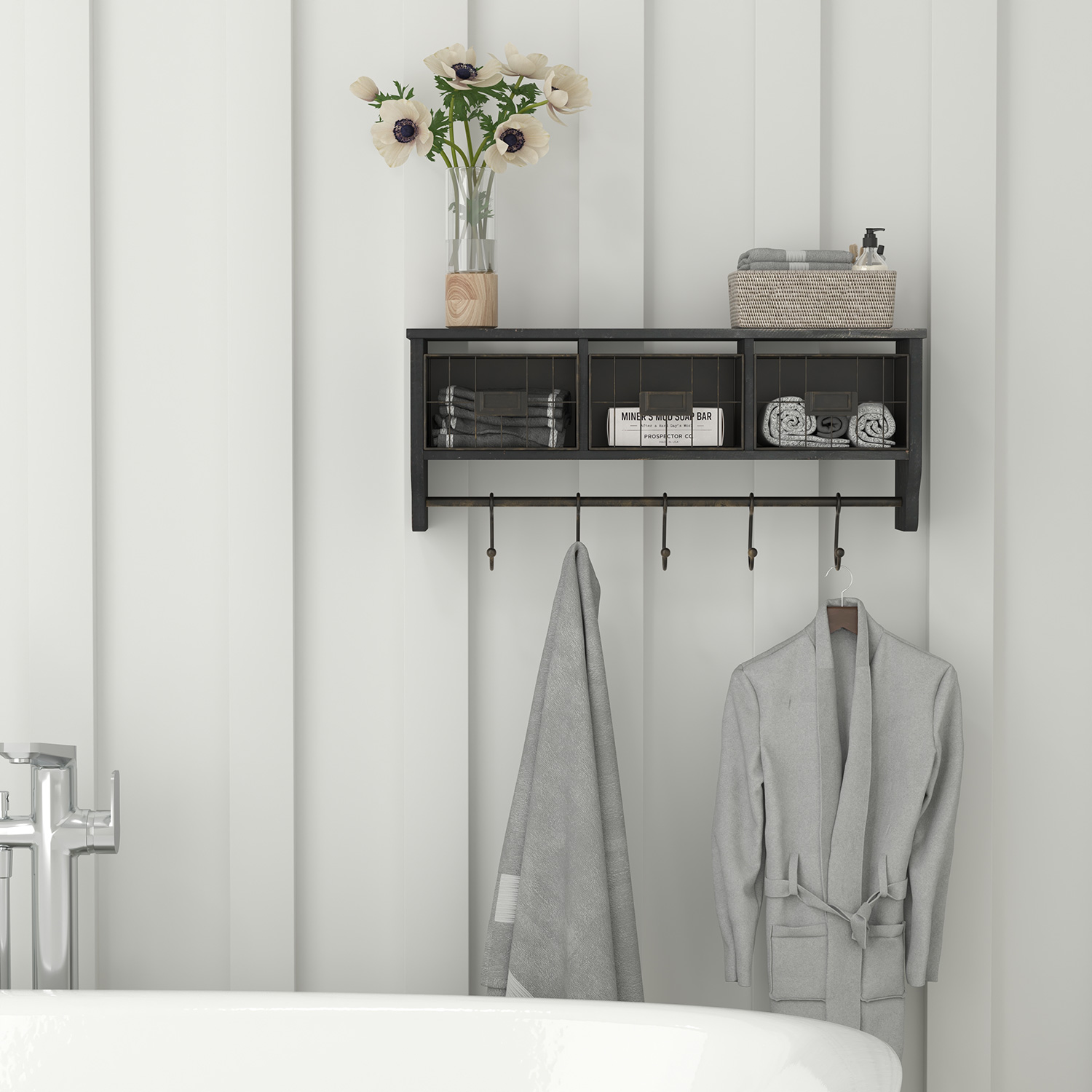 BLNK Daly Wall Mounted Solid Pine Wood Storage Rack with Upper Shelf, 5 Hooks and Wire Baskets - Blackwashed