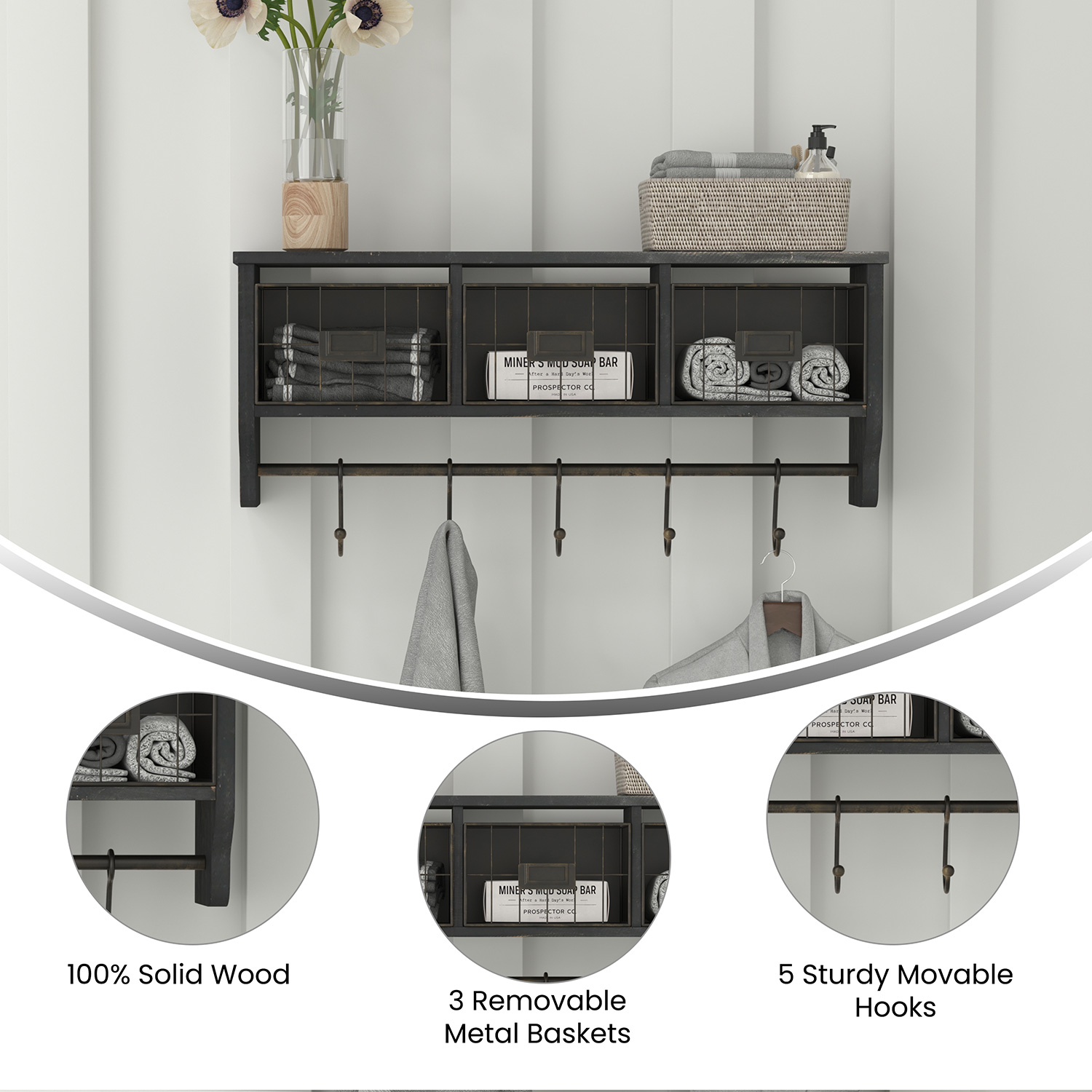 BLNK Daly Wall Mounted Solid Pine Wood Storage Rack with Upper Shelf, 5 Hooks and Wire Baskets - Blackwashed