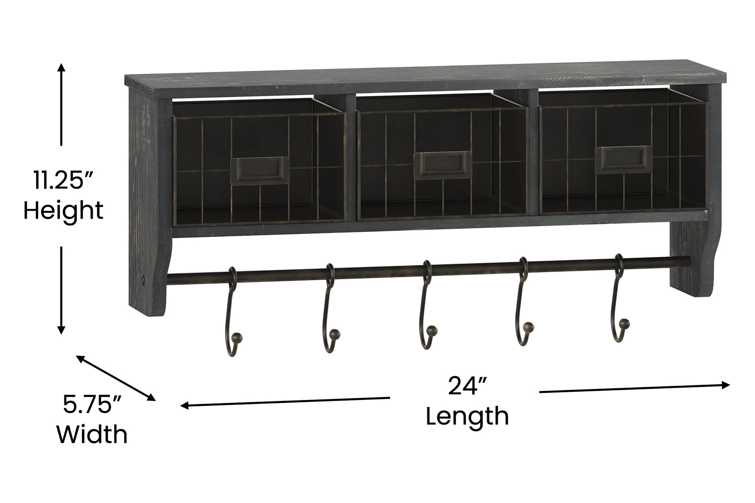 BLNK Daly Wall Mounted Solid Pine Wood Storage Rack with Upper Shelf, 5 Hooks and Wire Baskets - Blackwashed