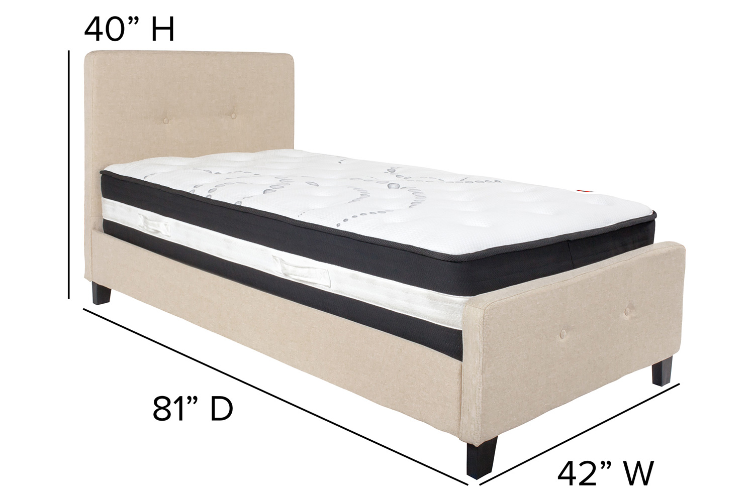 BLNK Tribeca Tufted Upholstered Platform Bed with Pocket Spring Mattress - Beige, Twin Size