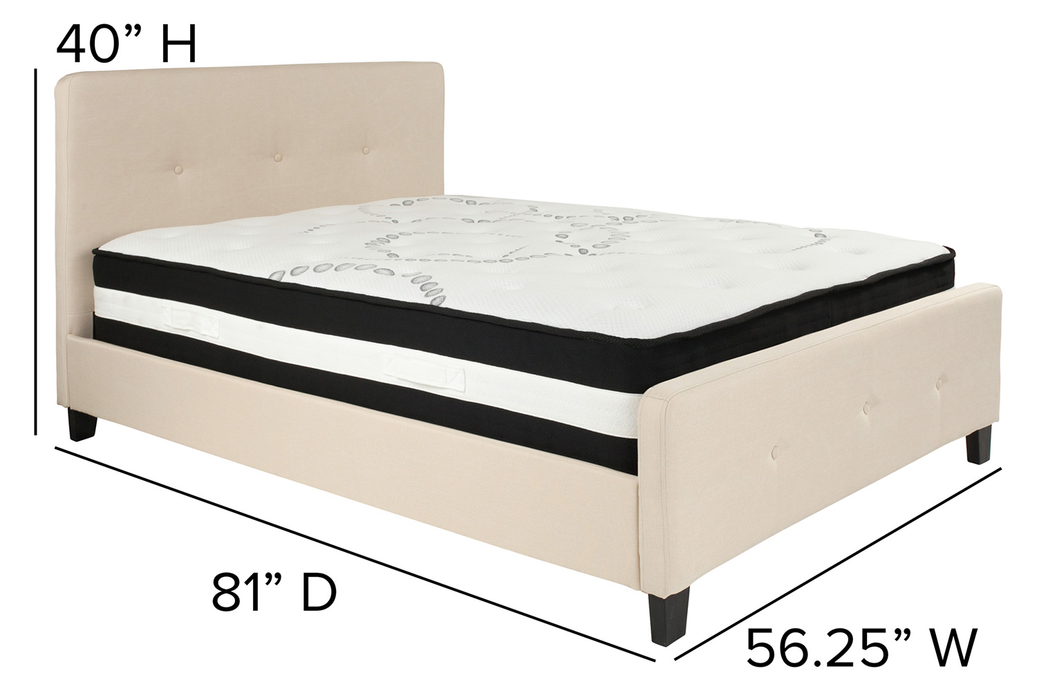 BLNK Tribeca Tufted Upholstered Platform Bed with Pocket Spring Mattress - Beige, Full Size