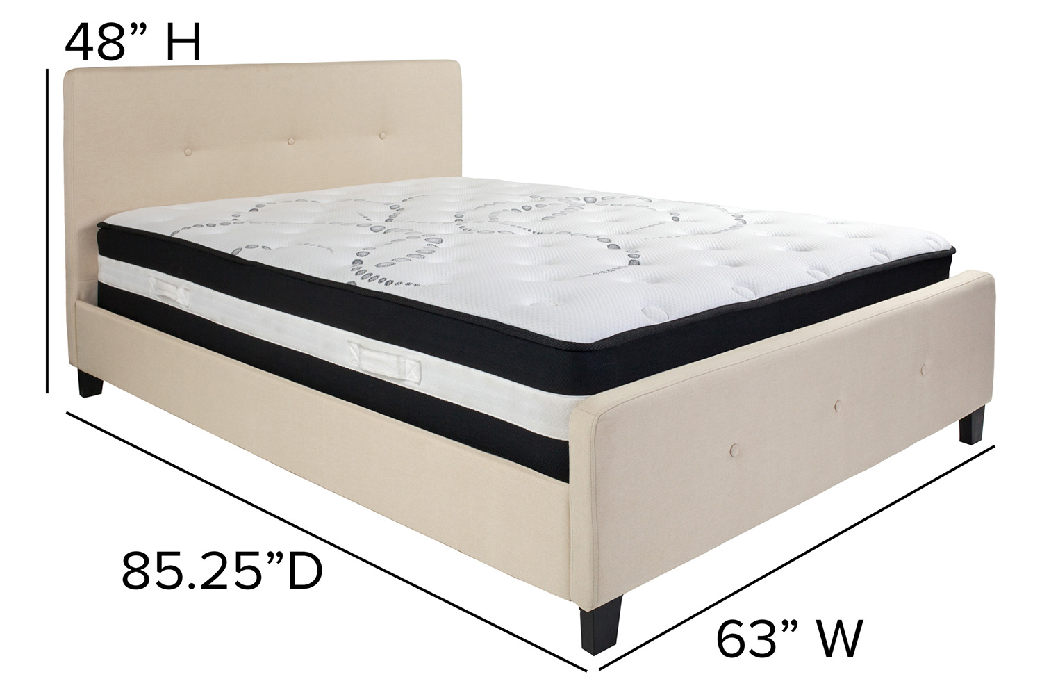 BLNK Tribeca Tufted Upholstered Platform Bed with Pocket Spring Mattress - Beige, Queen Size