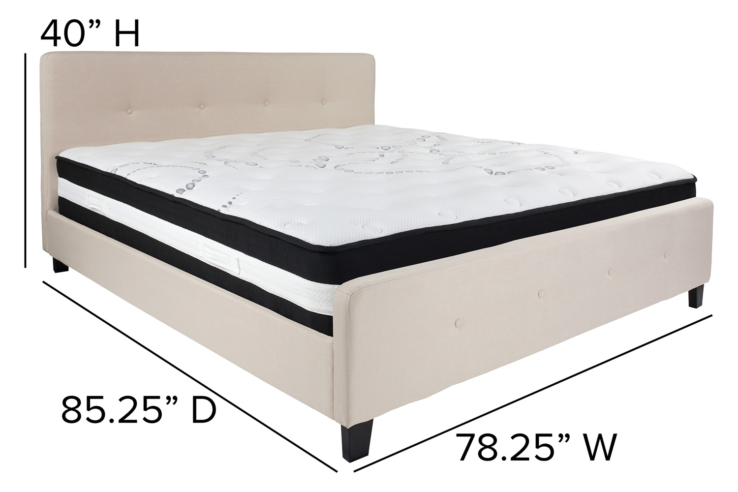 BLNK Tribeca Tufted Upholstered Platform Bed with Pocket Spring Mattress - Beige, King Size