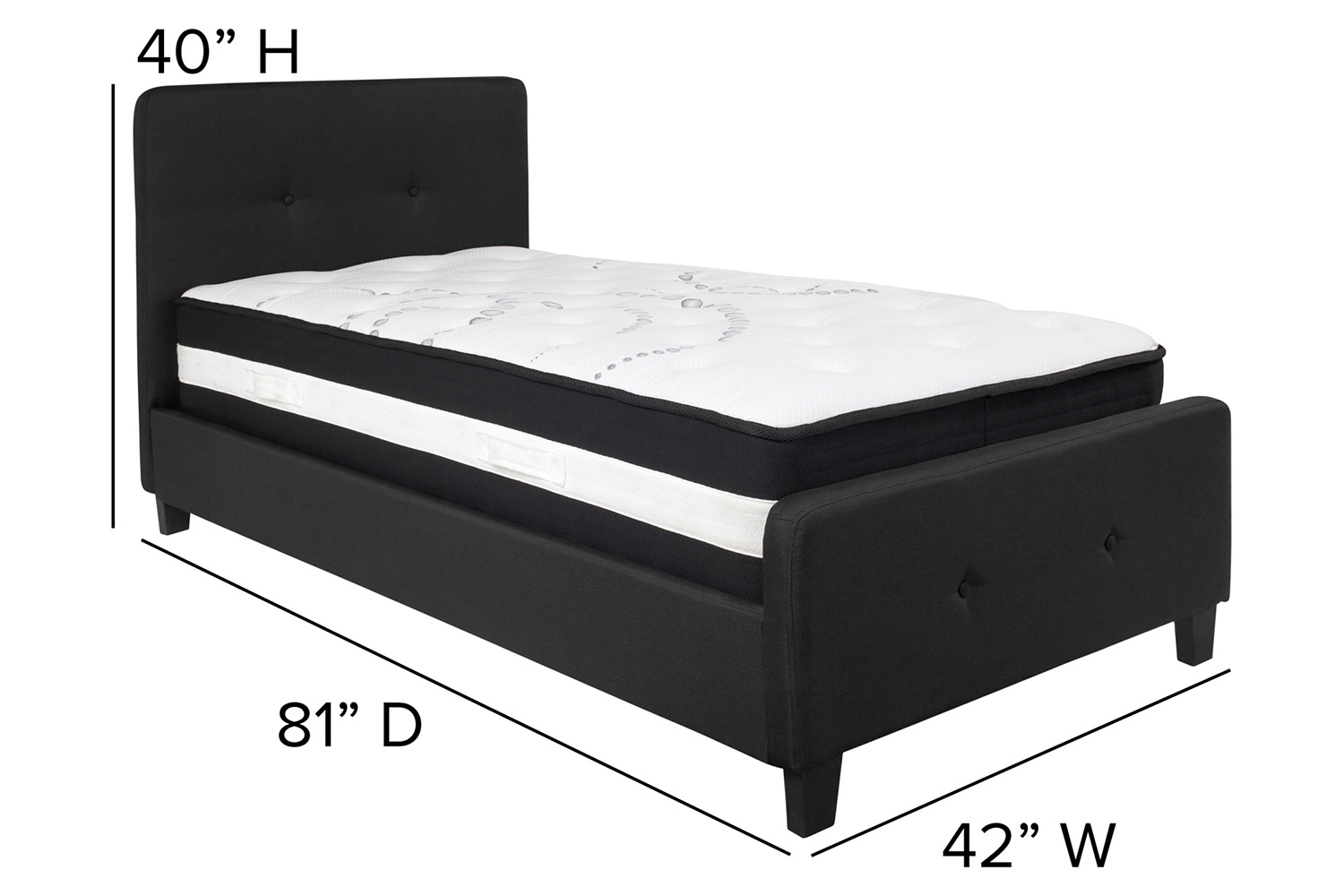 BLNK Tribeca Tufted Upholstered Platform Bed with Pocket Spring Mattress - Black, Twin Size