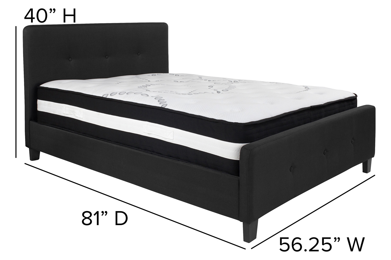 BLNK Tribeca Tufted Upholstered Platform Bed with Pocket Spring Mattress - Black, Full Size