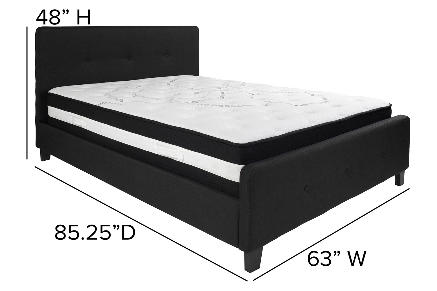 BLNK Tribeca Tufted Upholstered Platform Bed with Pocket Spring Mattress - Black, Queen Size