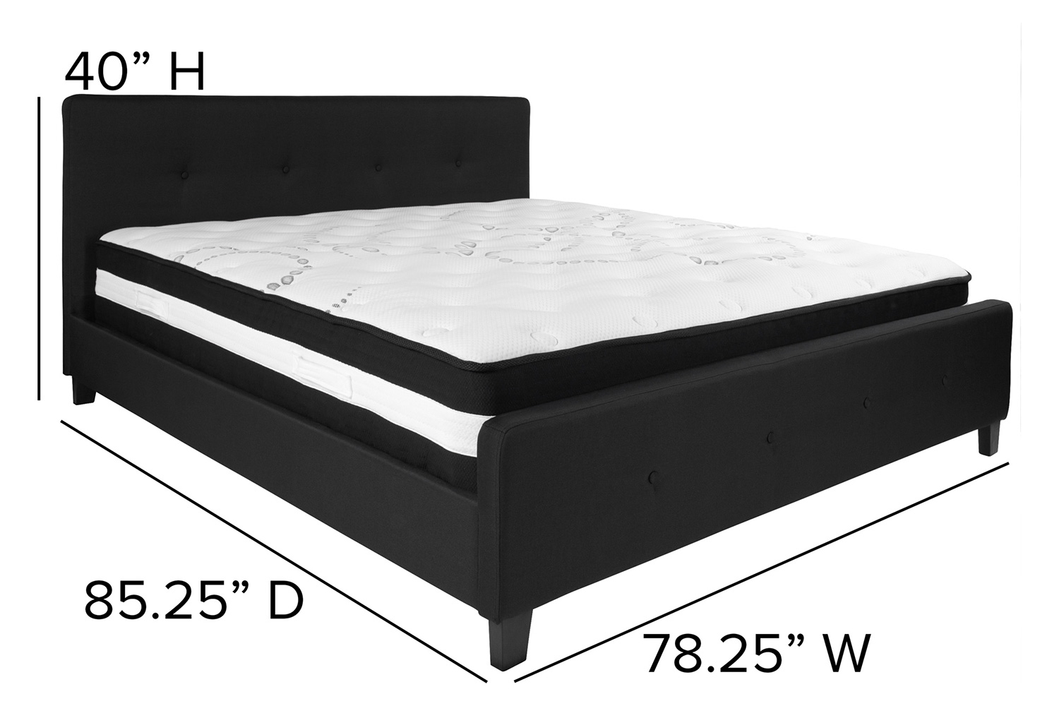 BLNK Tribeca Tufted Upholstered Platform Bed with Pocket Spring Mattress - Black, King Size