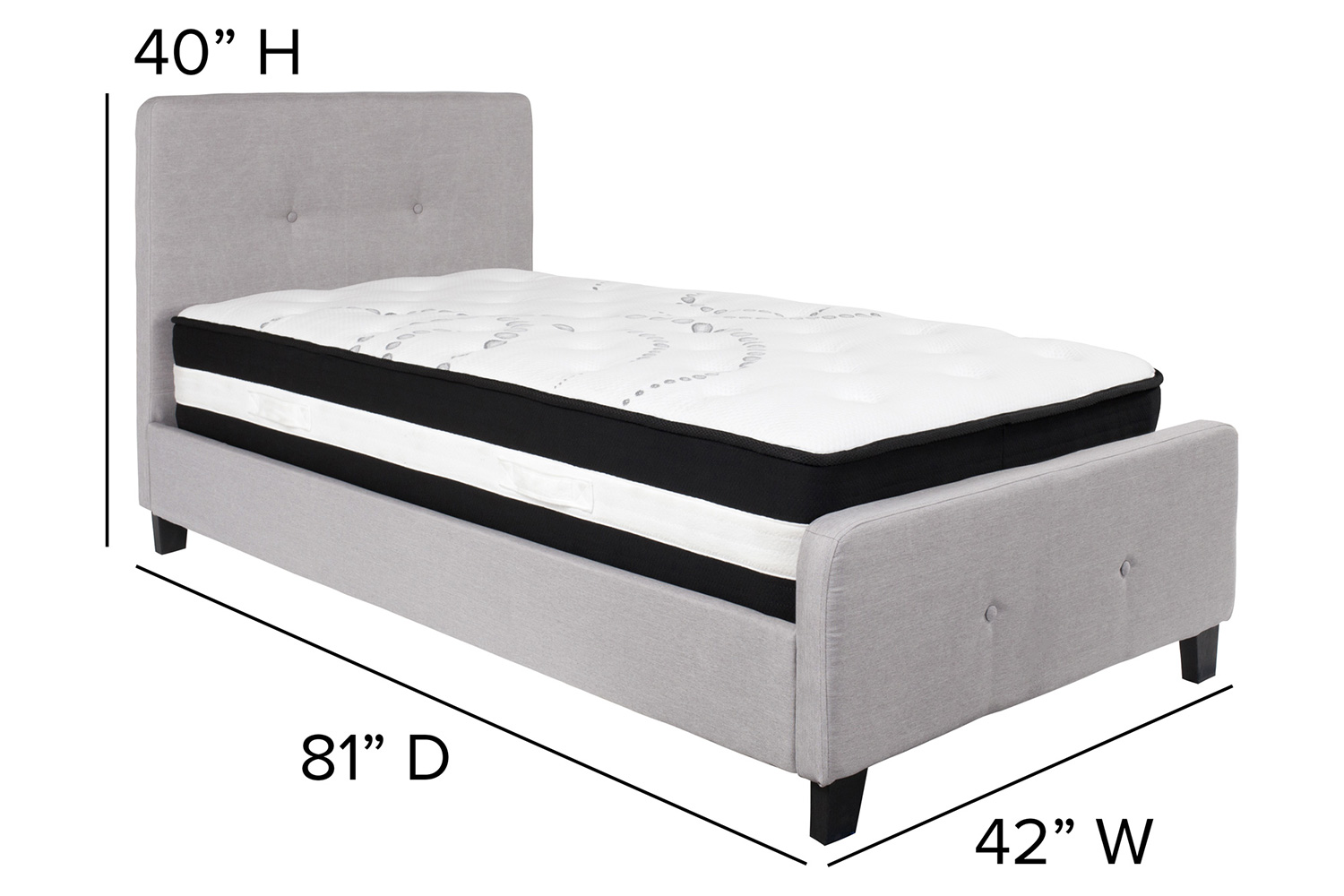 BLNK Tribeca Tufted Upholstered Platform Bed with Pocket Spring Mattress - Light Gray, Twin Size