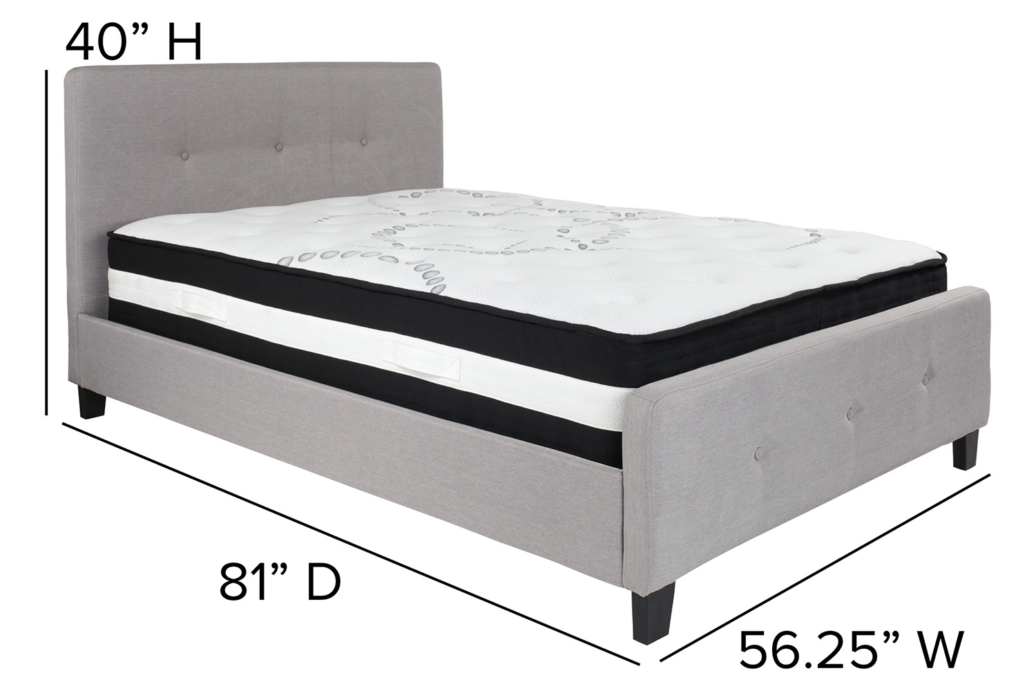 BLNK Tribeca Tufted Upholstered Platform Bed with Pocket Spring Mattress - Light Gray, Full Size