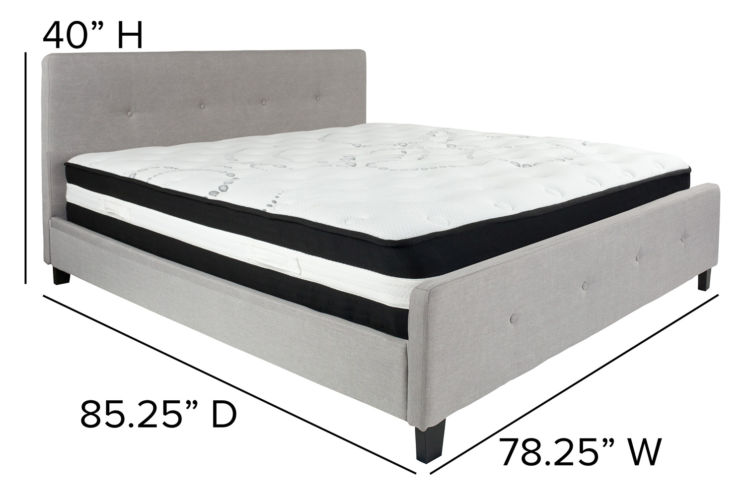 BLNK Tribeca Tufted Upholstered Platform Bed with Pocket Spring Mattress - Light Gray, King Size