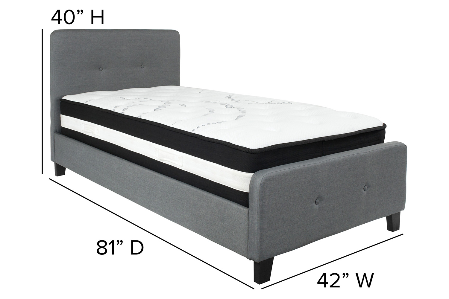 BLNK Tribeca Tufted Upholstered Platform Bed with Pocket Spring Mattress - Dark Gray, Twin Size