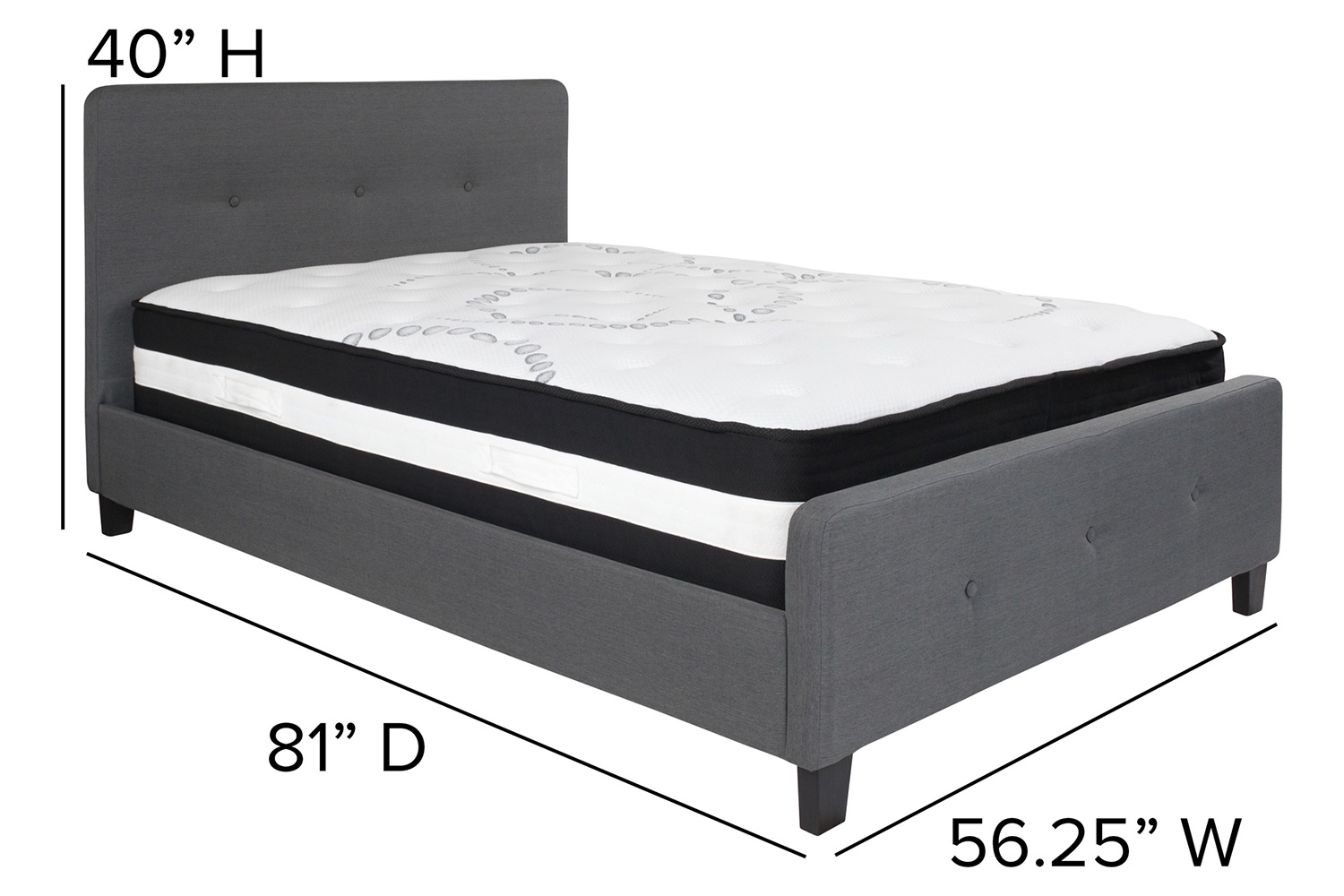 BLNK Tribeca Tufted Upholstered Platform Bed with Pocket Spring Mattress - Dark Gray, Full Size