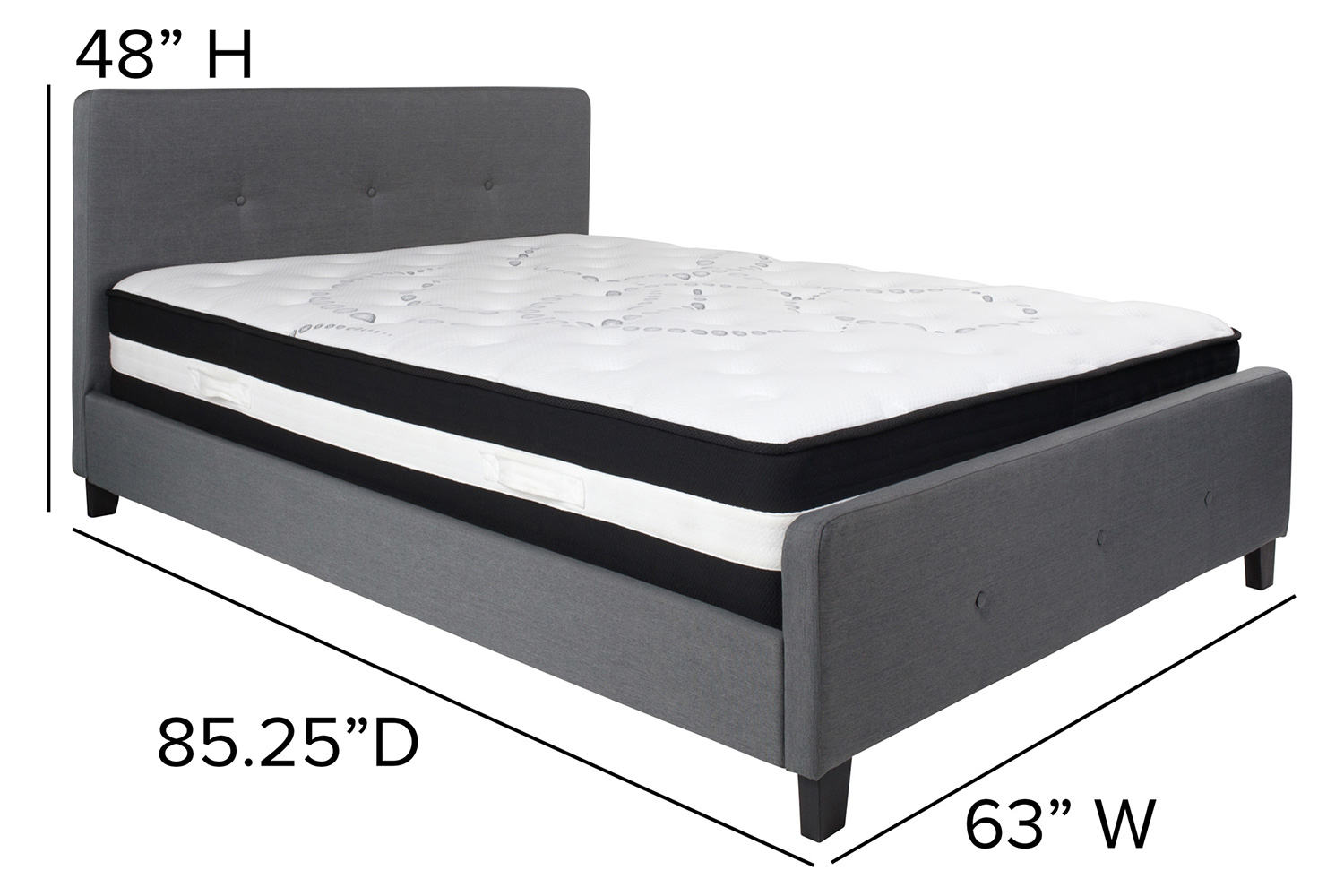 BLNK Tribeca Tufted Upholstered Platform Bed with Pocket Spring Mattress - Dark Gray, Queen Size