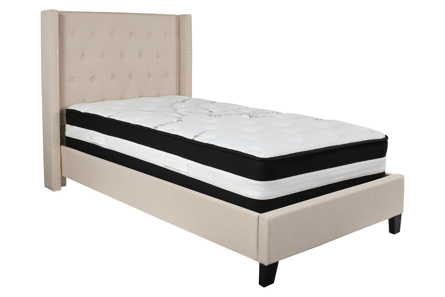 BLNK Riverdale Tufted Upholstered Platform Bed with Pocket Spring Mattress - Beige, Twin Size