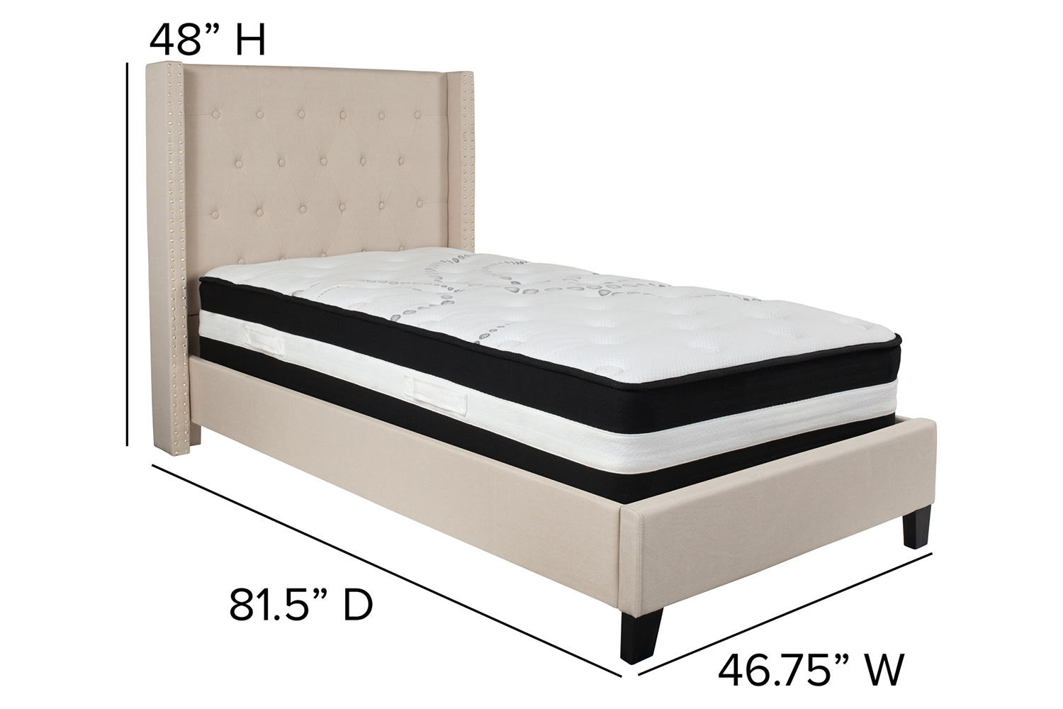 BLNK Riverdale Tufted Upholstered Platform Bed with Pocket Spring Mattress - Beige, Twin Size