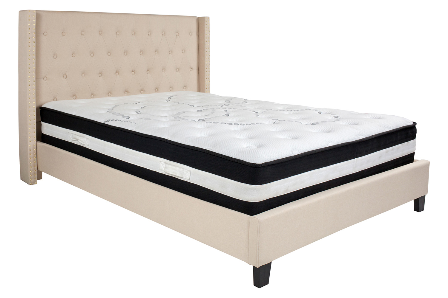 BLNK Riverdale Tufted Upholstered Platform Bed with Pocket Spring Mattress - Beige, Queen Size