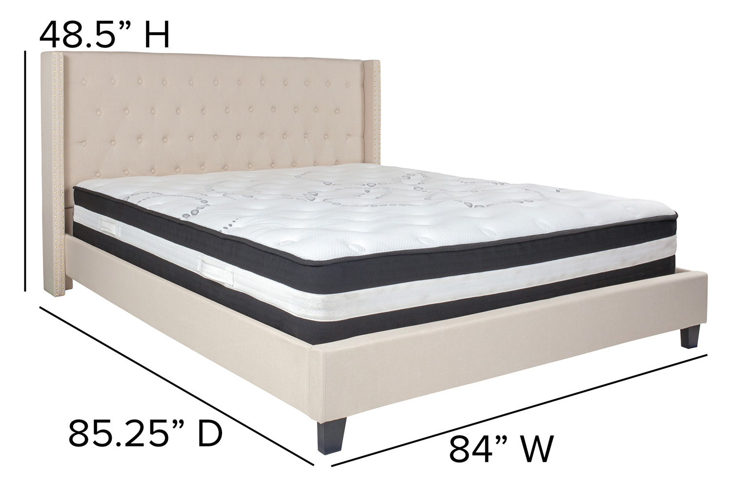 BLNK Riverdale Tufted Upholstered Platform Bed with Pocket Spring Mattress - Beige, King Size