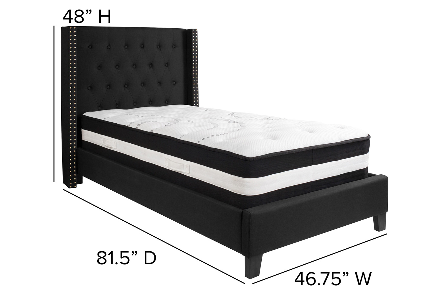 BLNK Riverdale Tufted Upholstered Platform Bed with Pocket Spring Mattress - Black, Twin Size