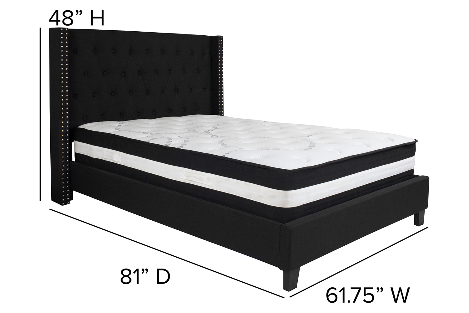 BLNK Riverdale Tufted Upholstered Platform Bed with Pocket Spring Mattress - Black, Full Size