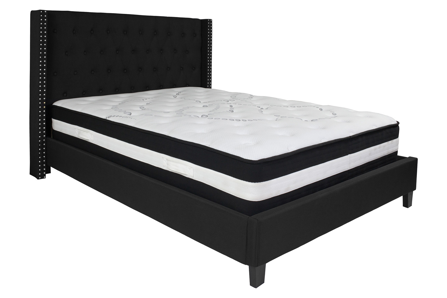 BLNK Riverdale Tufted Upholstered Platform Bed with Pocket Spring Mattress - Black, Queen Size