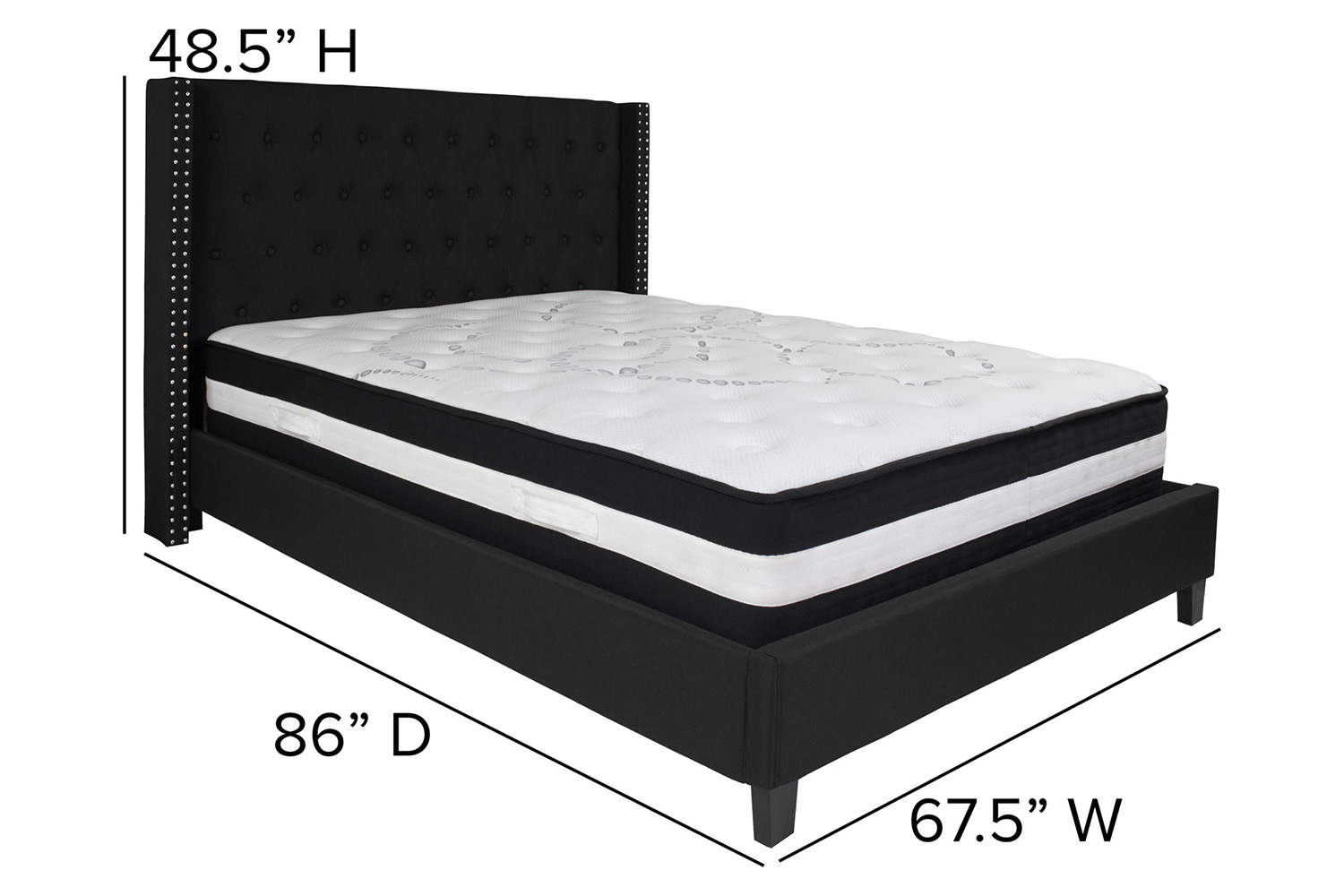 BLNK Riverdale Tufted Upholstered Platform Bed with Pocket Spring Mattress - Black, Queen Size