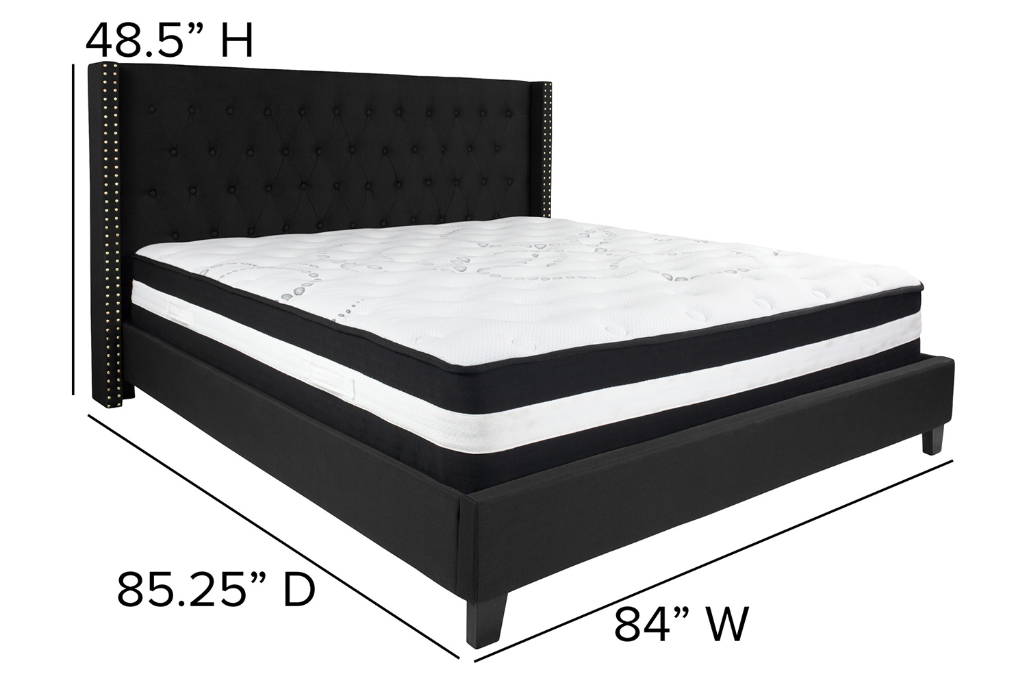 BLNK Riverdale Tufted Upholstered Platform Bed with Pocket Spring Mattress - Black, King Size