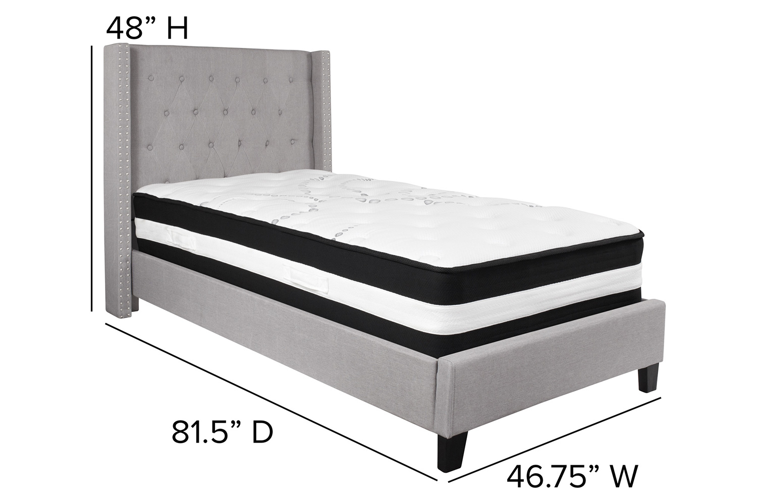 BLNK Riverdale Tufted Upholstered Platform Bed with Pocket Spring Mattress - Light Gray, Twin Size